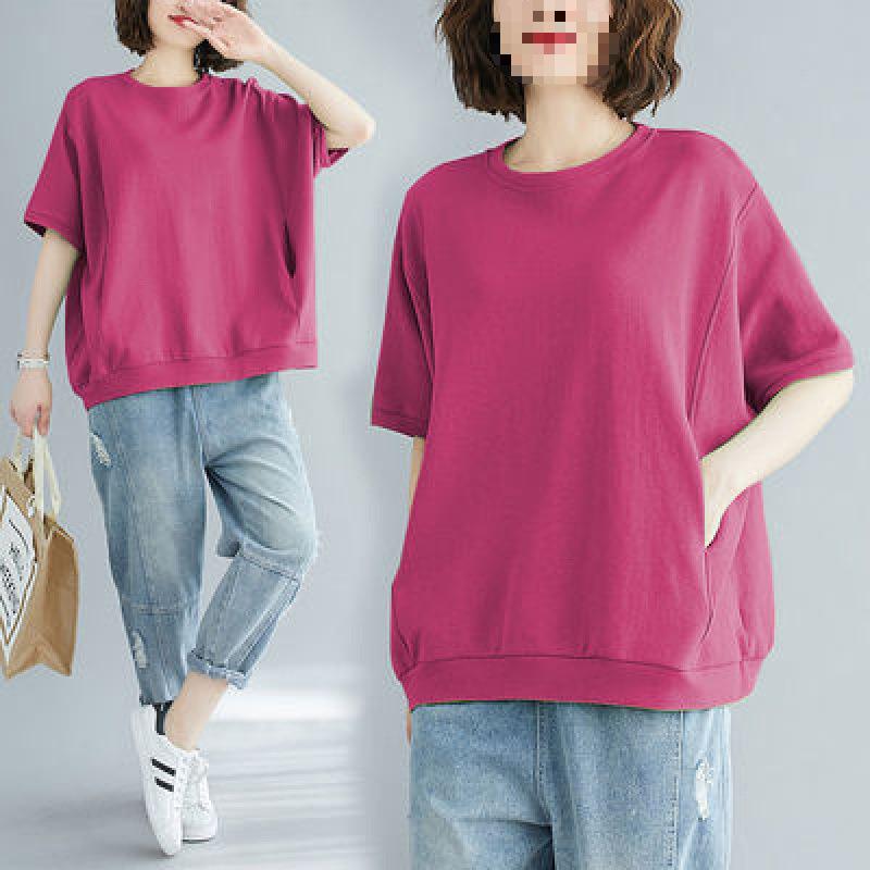 Women's Plus Size Loose Fit Short Sleeve T-Shirt Casual Round Neck Solid Color Summer Top