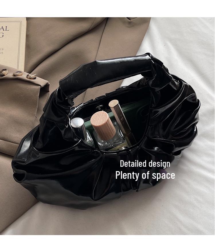 Women's Glossy Metal PU Cloud Handbag with Pleated Design - European & American Style