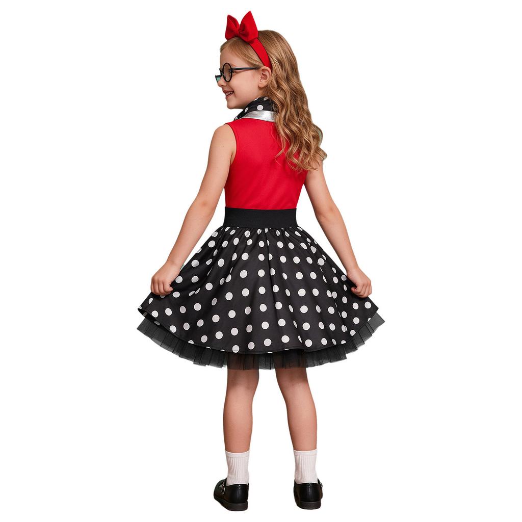 Kids Girls 50s Vintage Polka Dot Dress Metallic Lapel Collar Sleeveless with Neck Scarf for Retro Birthday Halloween Theme Party