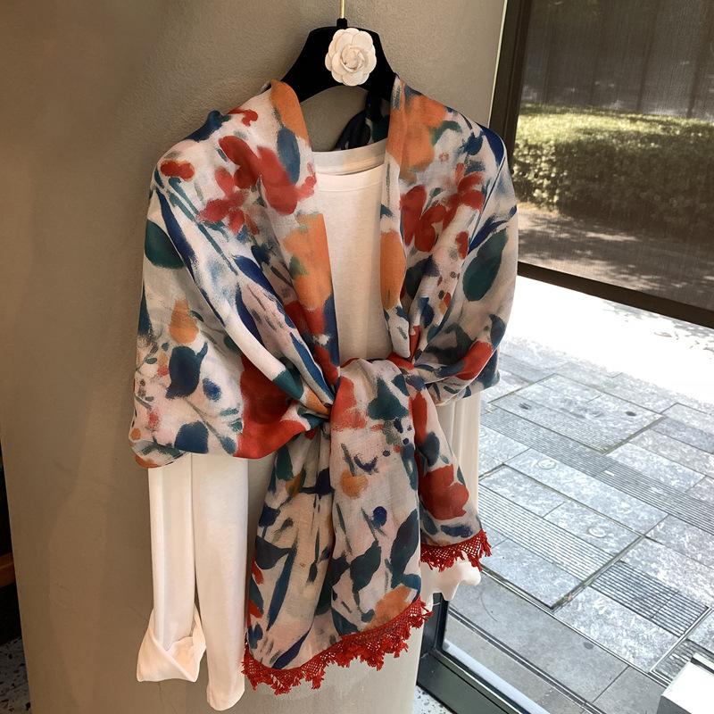 Scarf Thin Encrypted Bali Yarn Silk Scarf Spring Summer Small Fresh Color Plant Flower Bali Yarn Fringed Shawl