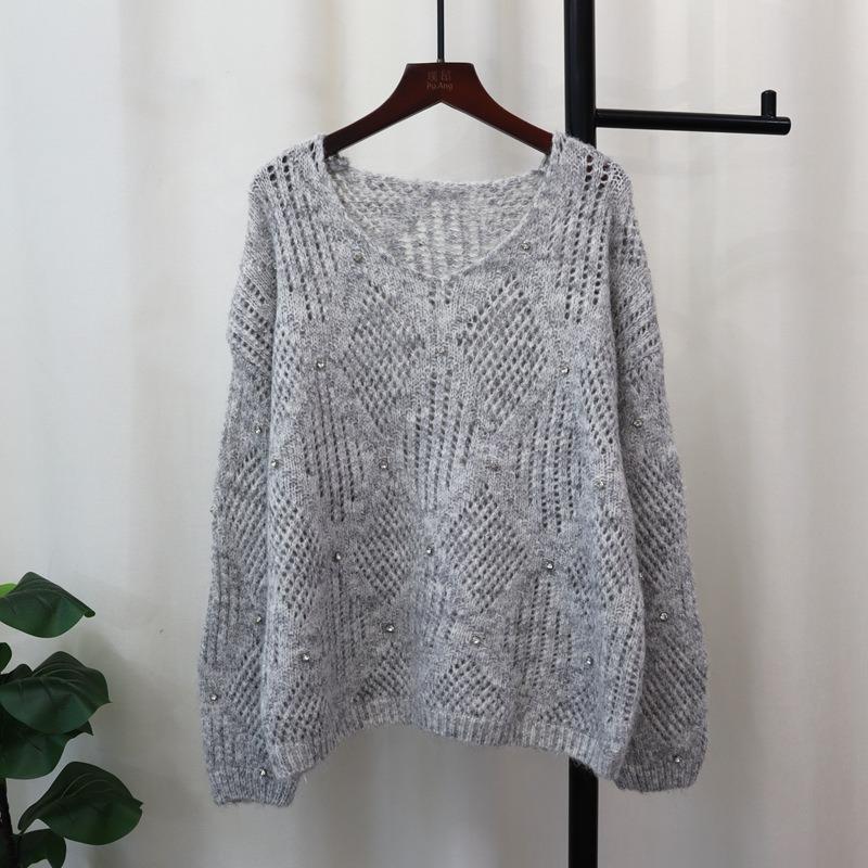Heavy Industry Nail Drill Design Sense Knitted Sweater Top Autumn New Loose Hollow Sweater Pullover Women