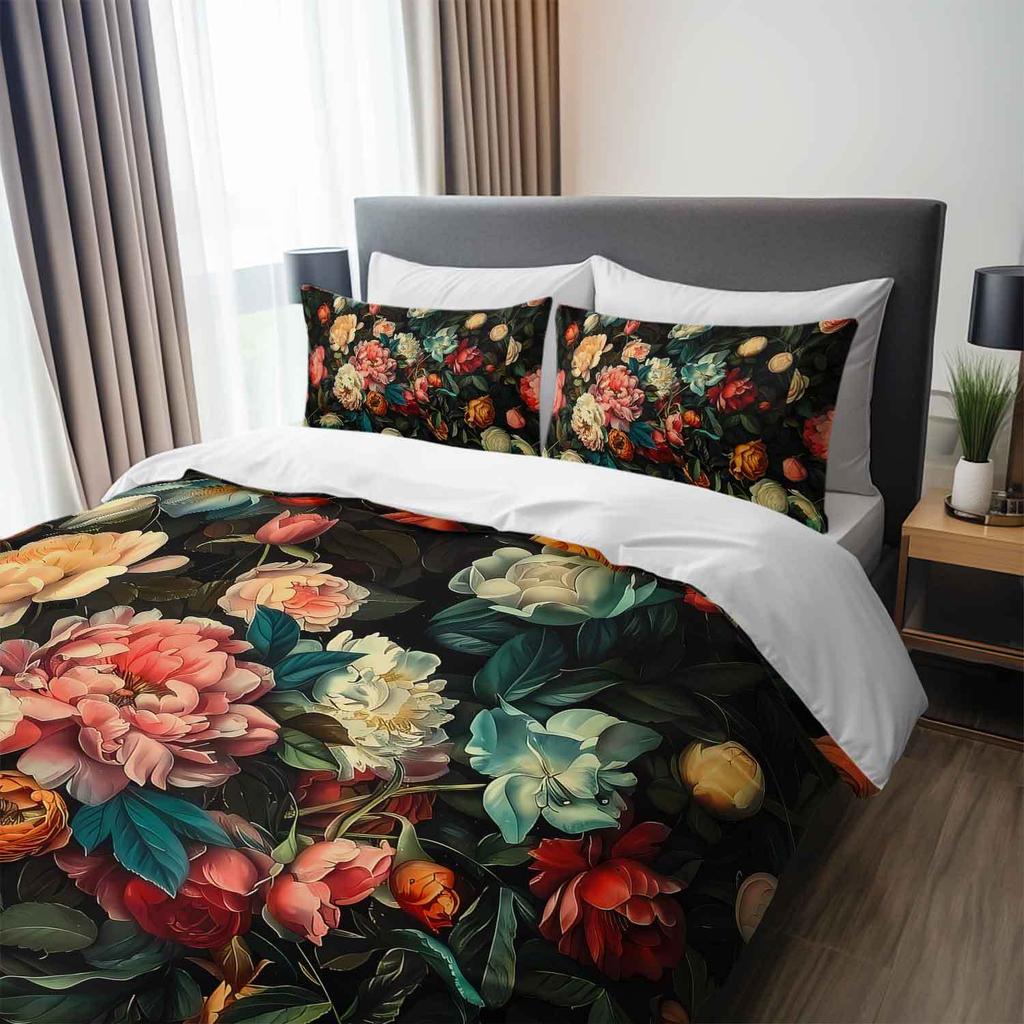 3pcs Vintage Floral Bedding Duvet Cover Set Bohemian Floral Bedding Quilt Set Dark Floral Themed Bed Quilt Set Luxury