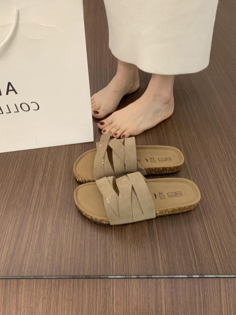 BEI LI XUAN Retro Mori Cross-strap One-word Slippers for Women's Summer Outer Wear Thick-bottomed Casual Beach Women