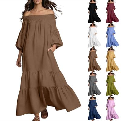 Damen schulterfreies Maxikleid lockere Passform stufiger Bohème-Stil leichtes Kleid mit Puffärmeln und mehrlagigem Design