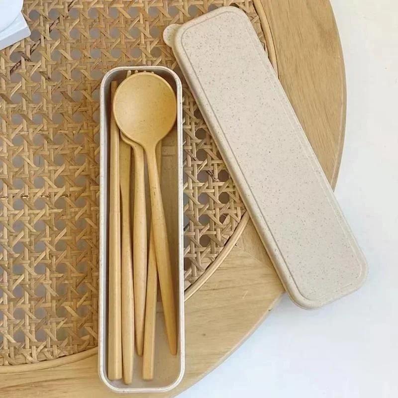 4 Pcs Wheat Straw Dinnerware Set Portable Tableware Knife Fork Spoon Eco-Friendly Travel Cutlery Set Utensil Box Chopsticks Set