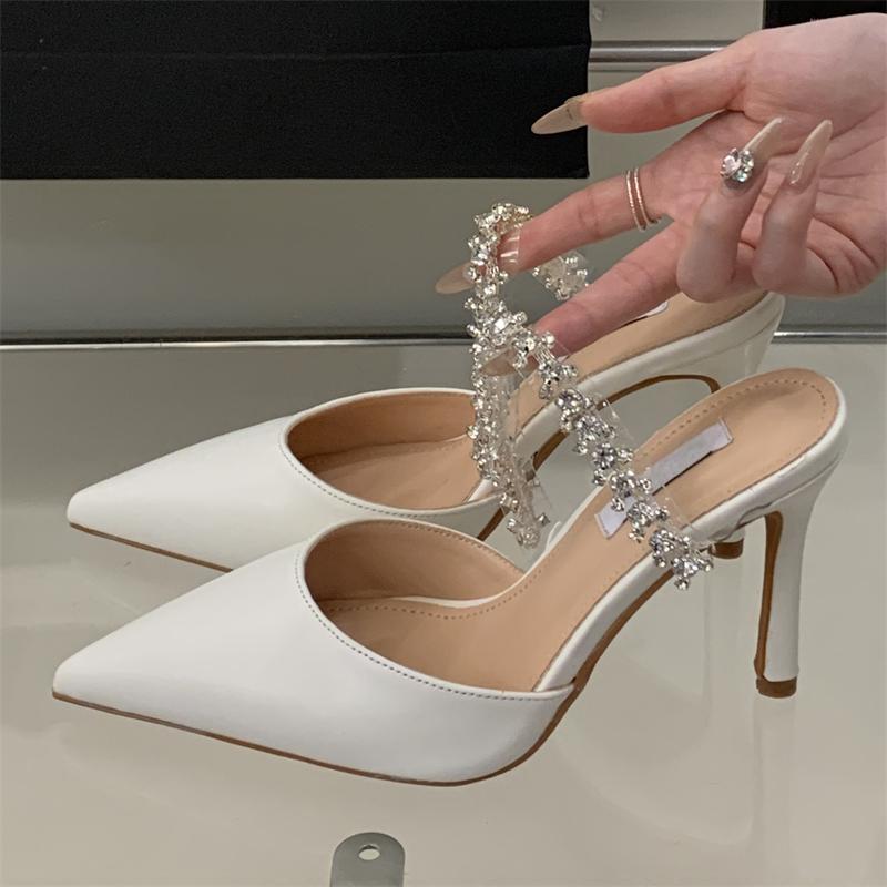 Eilyken New Crystal Diamond Mules Slipper Women Elegant Pointed Toe Thin High Heels Dress Ladies Shoes