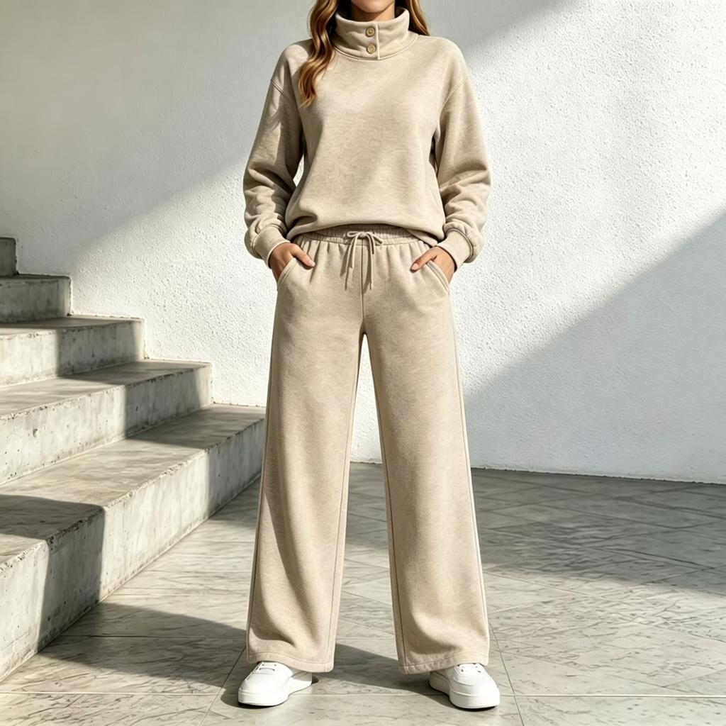 Women's High Neck Loose Fit Long Sleeve Sweatshirt and Wide Leg Pants Tracksuit Set