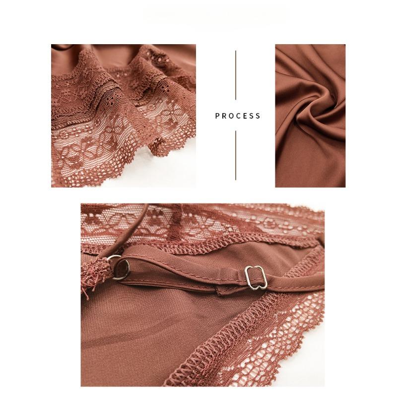 Women's New Sexy Jumpsuit Deep V Backless Trousers Leg Open Simulation Silk Halter Lace Pajamas Jumpsuit