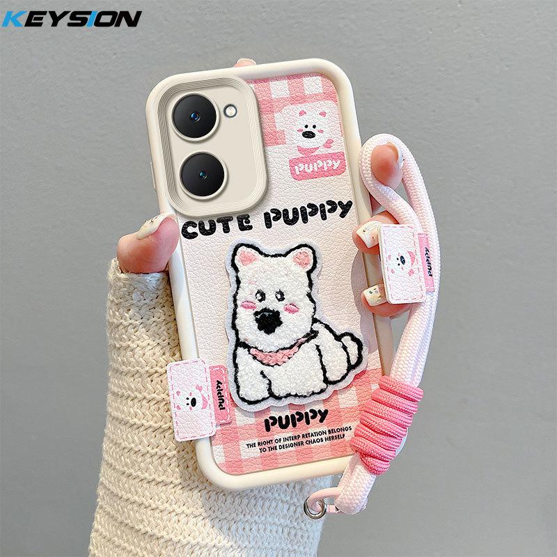 KEYSION Cartoon Cute Plush Embroidery Case for VIVO Y03 Y03t with Lanyard Silicone Shockproof Phone Cover for VIVO Y18 Y28s 5G