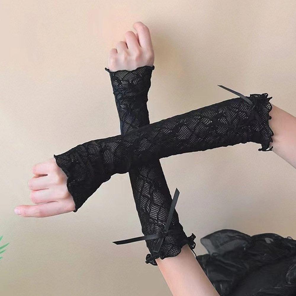 Black White Y2k Fingerless Mittens Lace Ruffle Arm Warmers Punk Lolita Lace Gloves  Women Girls