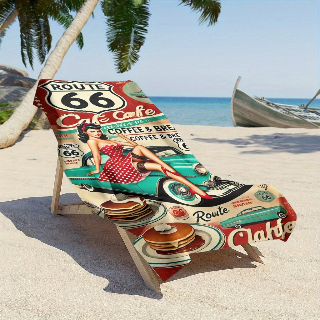 Telo da Spiaggia Mulino a Vento Route 66, Design Artistico Auto d'Epoca e Caffè, Asciugatura Rapida Senza Sabbia, per Spiaggia e Picnic