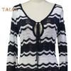 Women's Swimwear Cover-Up Striped Crochet Hollow Out Mesh Beach Dress V-Neck Tie Front Long Sleeve Summer Bathing Suit for Beach Vacation