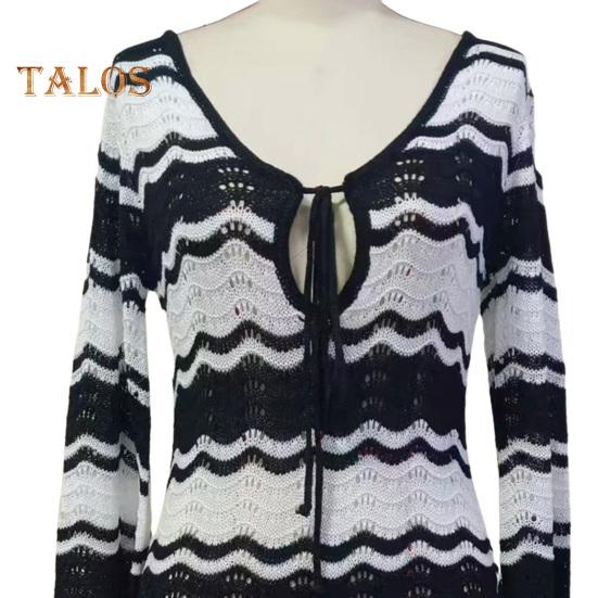 Women's Swimwear Cover-Up Striped Crochet Hollow Out Mesh Beach Dress V-Neck Tie Front Long Sleeve Summer Bathing Suit for Beach Vacation