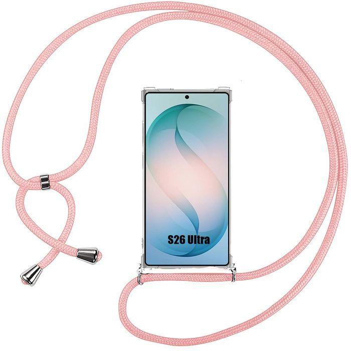 Coque pour Samsung Galaxy S26 Ultra, Protection Silicone Antichoc Transparente avec Cordon Rose