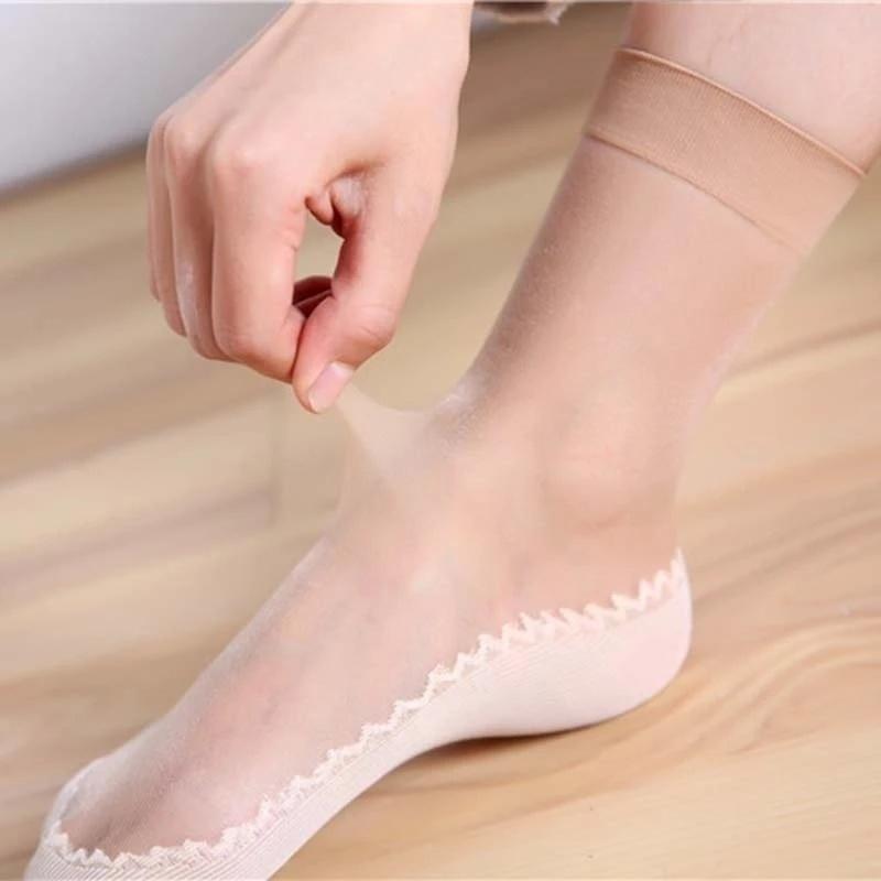 20pcs=10 Pairs Spring Summer Women Soft Socks Thin Silk Socks Non-Slip Bottom Splice Fashion Transparent Ladies Breathable Sock
