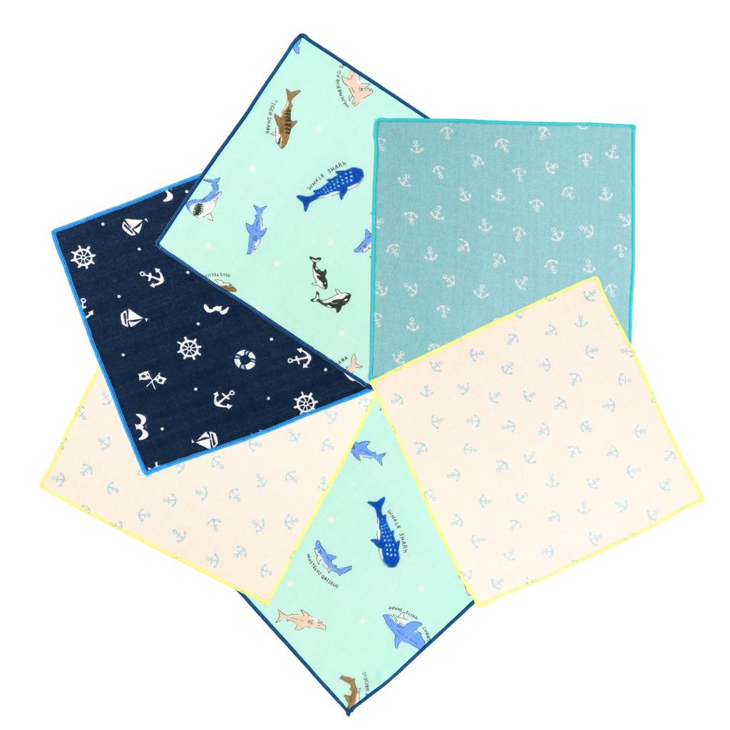Mini Set of 6 In Gauze Handkerchiefs with Cute Refreshing Marine Square Set [cluster] Kids' Handkerchiefs, [Made Japan] Patterns,