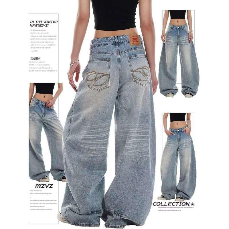 

Light Blue High-Waisted Wide-Leg Jeans for Women - Retro, Loose, Drape, Floor-Length. Large
