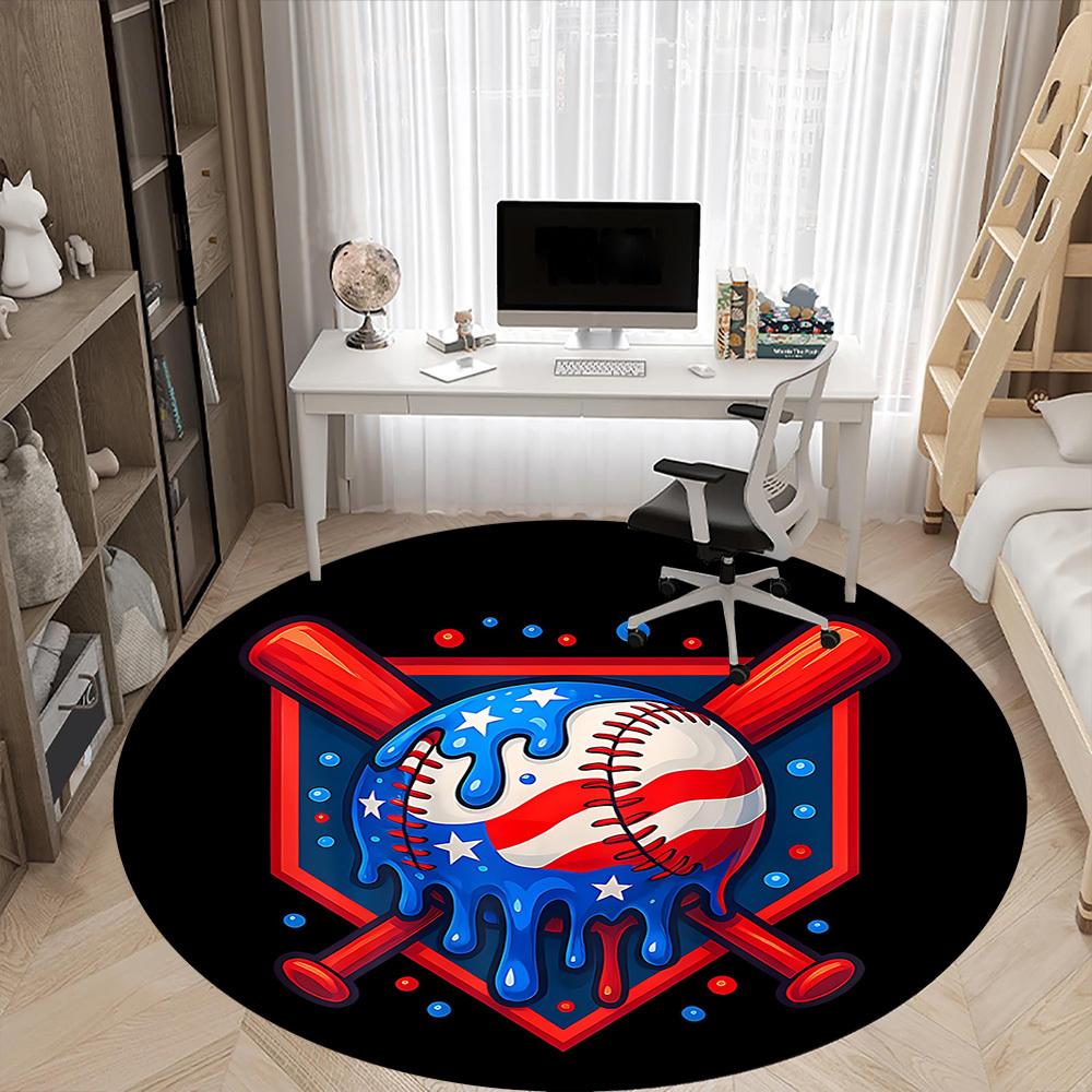 1PC Baseball Stars Office Round Area Rug, Indoor Mat Suitable ForOffice, Under Office Chairs Bedroom Living Room Home Decor, Room Deco, D036