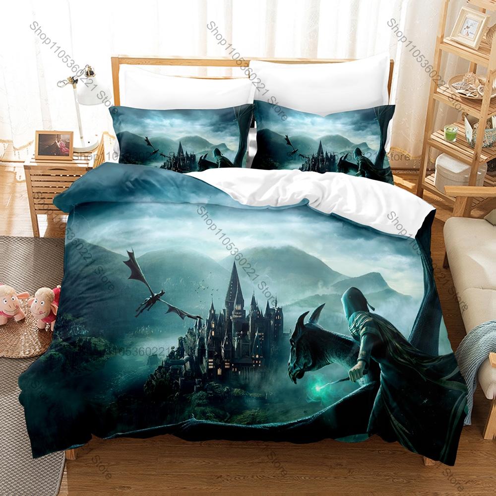 Hogwarts Legacy Beddengoed Dekbedovertrek + 2 Kussenslopen Tovenaar Open Wereld Spel Hogwarts Kasteel Magisch Bos Slaapkamer Decoratie EU Single 135*200cm/53x79in 3pcs