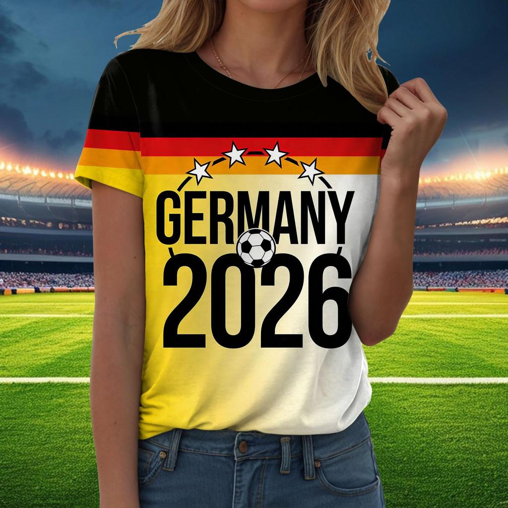 Damen Freizeit Pullover T-Shirt Kurzarm Rundhals Buchstabendruck Oberteil zur Fußballunterstützung Deutschland 2026 Fanartikel
