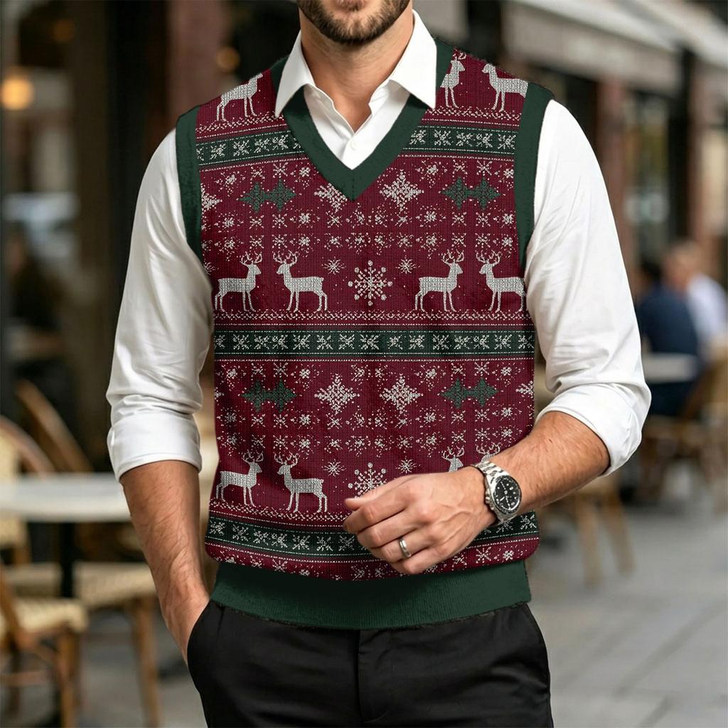 Men's V-Neck Sweater Vest Christmas Print Wool Knit Casual Sleeveless