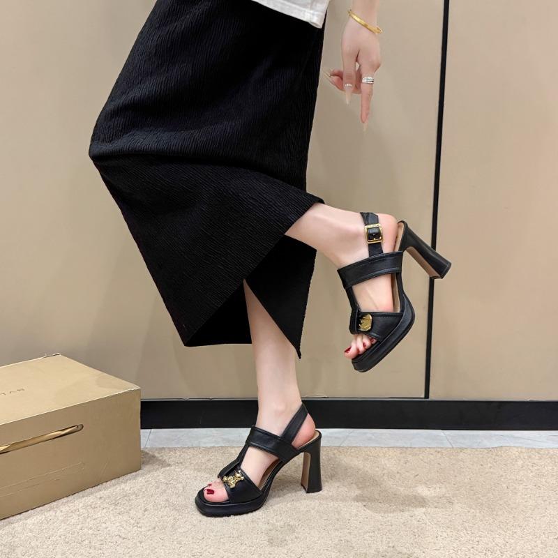Fashion 2025 New Heels Shoes with Metal Decoration Women Sandals Square Toe Thick Heeled Pumps Elegant Leather Shoes Outside
