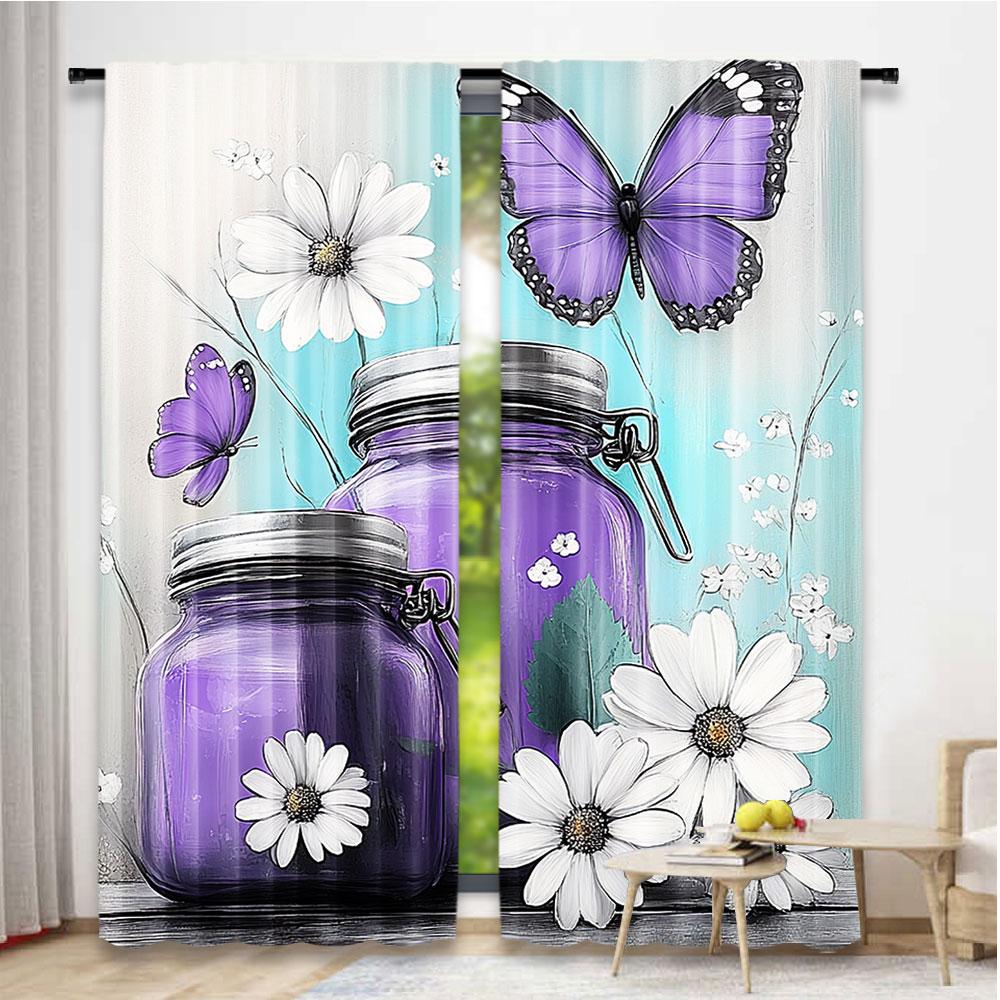2Pcs Rustic Farmhouse Floral Curtain Purple Teal Daisy Flowers Butterfly Abstract Curtain Country Farm Turquoise Curtain