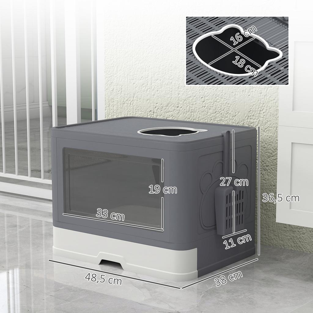 Enclosed Cat Litter Box with Lid, Front Entry, Top Exit, Drawer, Tray, Scoop, Brush, 48.5 X 38 X 36.5cm - Grey