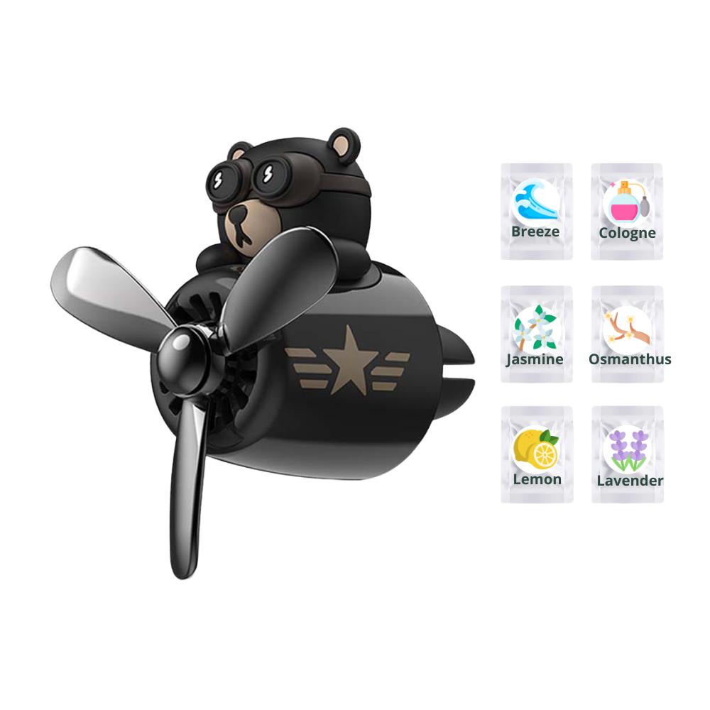 KUKII Pilot Bear Car Air Freshener - Rotating Propeller Vent Diffuser with Essential Oil Tablets, Aviation Design, With 6 Fragrance refill