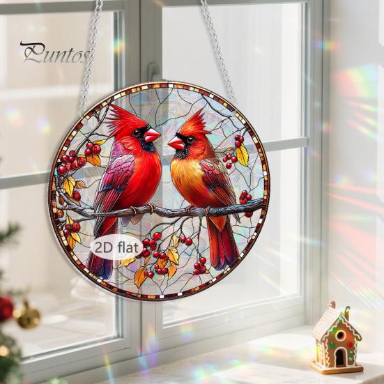 Holiday Hanging Art for Windows Christmas Acrylic Window Decor, 2D Holographic Stained Glass Double Sided Festive Ornament with Metal Chain,