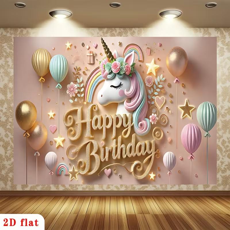 

2D Pink Gold Unicorn Birthday Backdrop Rainbow Star Photoshoot Background 47.2x31.5inch/120*80cm