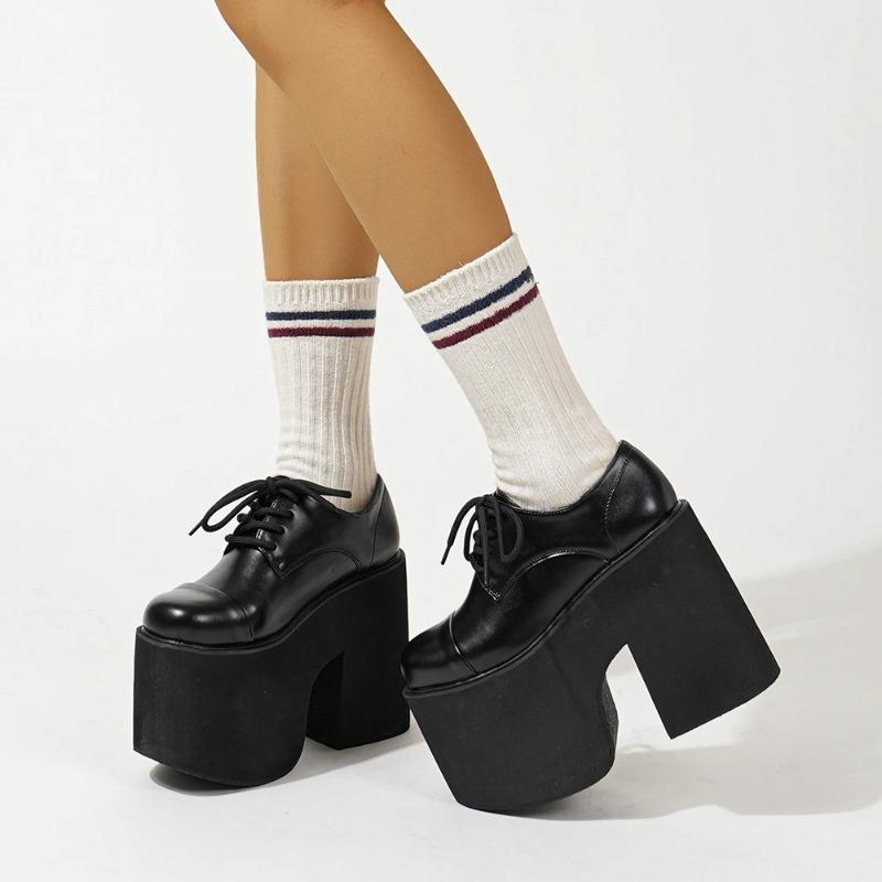Womens Chunky Heeled Pumps Lace Up Elegant Oxford Platform Pumps for Women Height Increase Design Party Cosplay Shoes