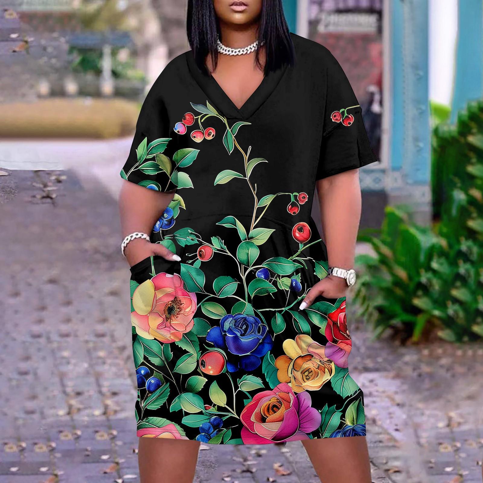 

Большое платье, женское летнее платье с v-образным вырезом, платье с короткими рукавами и принтом, с карманами L армия зеленый