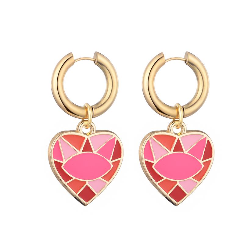 New Colorful Eye Love Heart Stainless Steel Hoop Earrings For Women Vintage Statement Enamel Gold Color Pendant Earrings Zircon