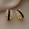 Gold Plated Black Enamel & CZ Huggie Hoop Earrings, Three-Band Crystal Hoop Earrings for Women