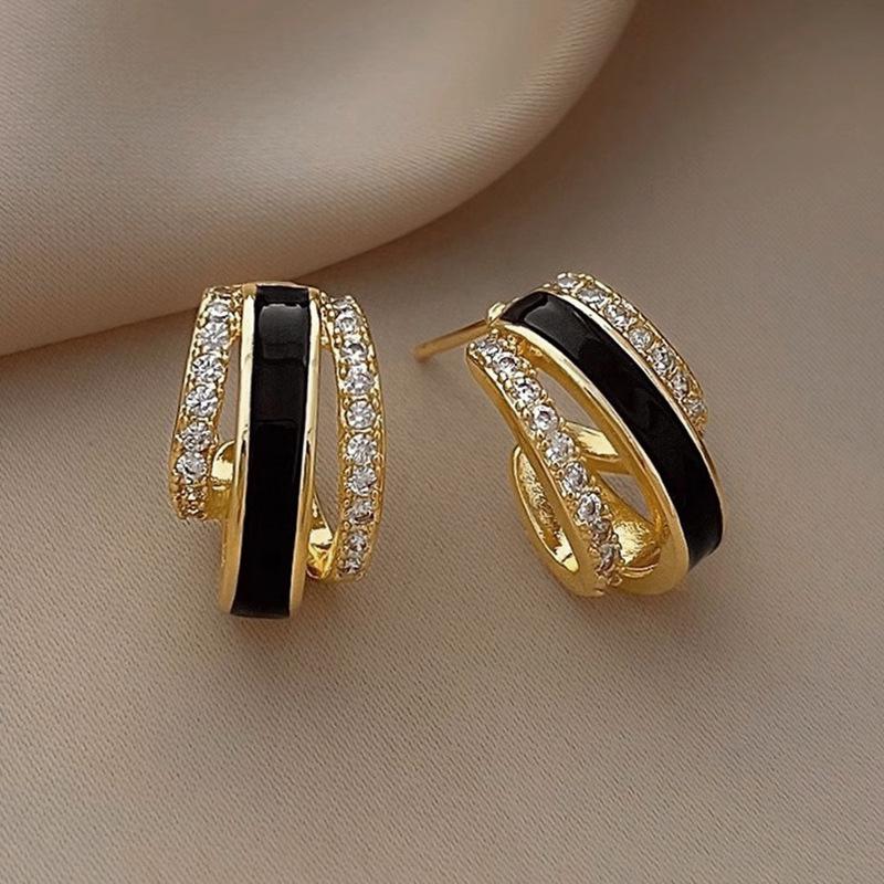 Gold Plated Black Enamel & CZ Huggie Hoop Earrings, Three-Band Crystal Hoop Earrings for Women