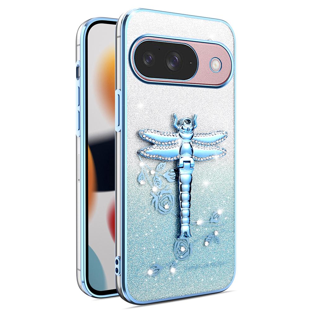 

KADEM For Google Pixel 10/10 Pro Case Dragonfly Kickstand TPU Flowers Glitter Phone Cover Blue