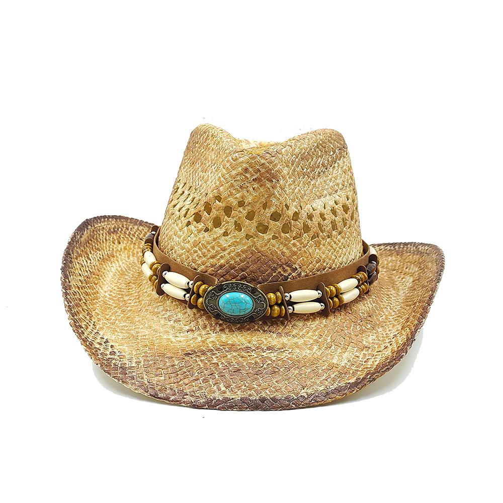 

Hand-painted Hollow Woven Western Cowboy Hat Men and Women Summer Outdoor Denim Hat Beach Sunscreen Paper Straw Hat Shell Chain 55-58CM