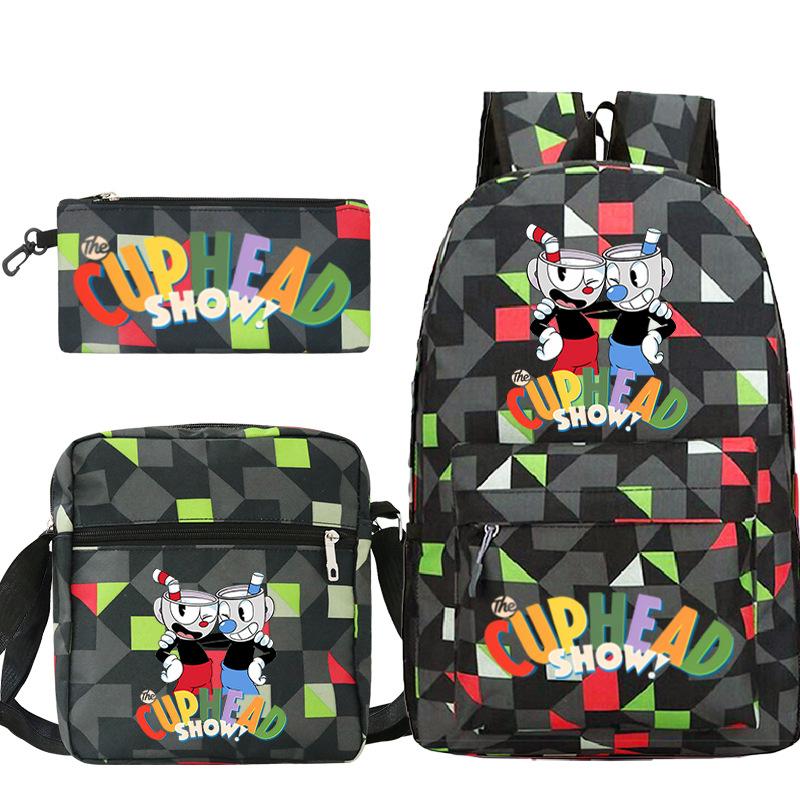 Cartoon Teacup Head Cuphead Student School Bag Backpack Three-piece Set Children's Shoulder Bag Pencil Bag