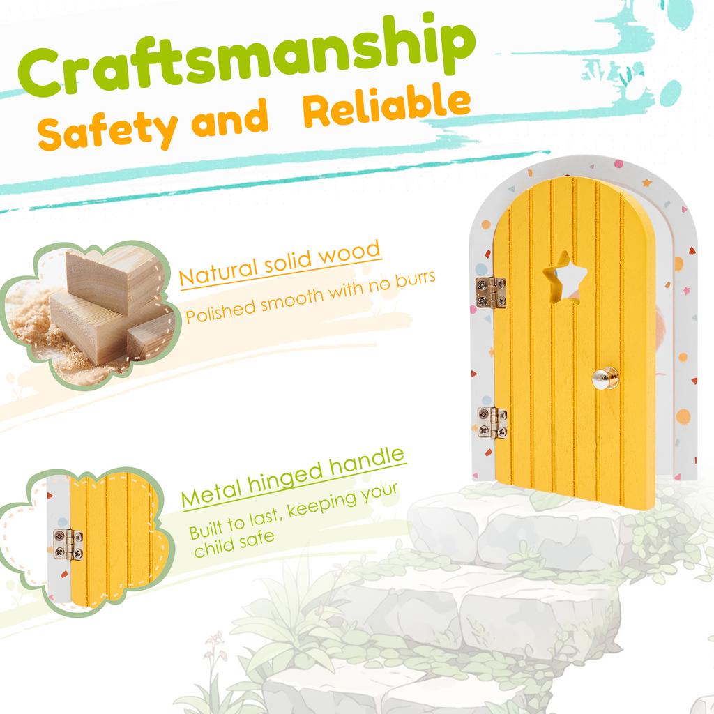 Cartoon Elf Door Fairy Door Kit with Ladder Natural Wood Elf Door Kit for Children's Room Wall Bookshelf Tree Garden Decoration