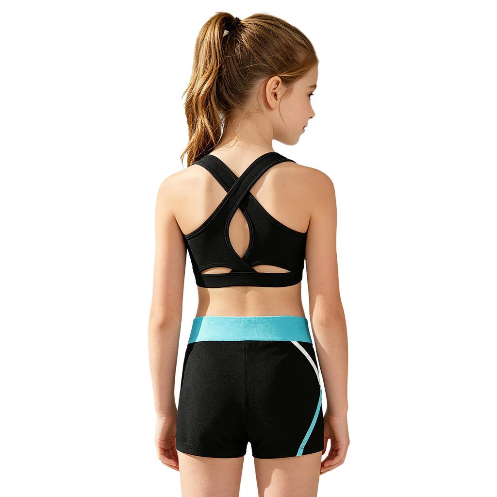 Girls U Neck Cropped Vest Cross Back Keyhole Contrast Color Pants Shorts 3Pcs Sports Set