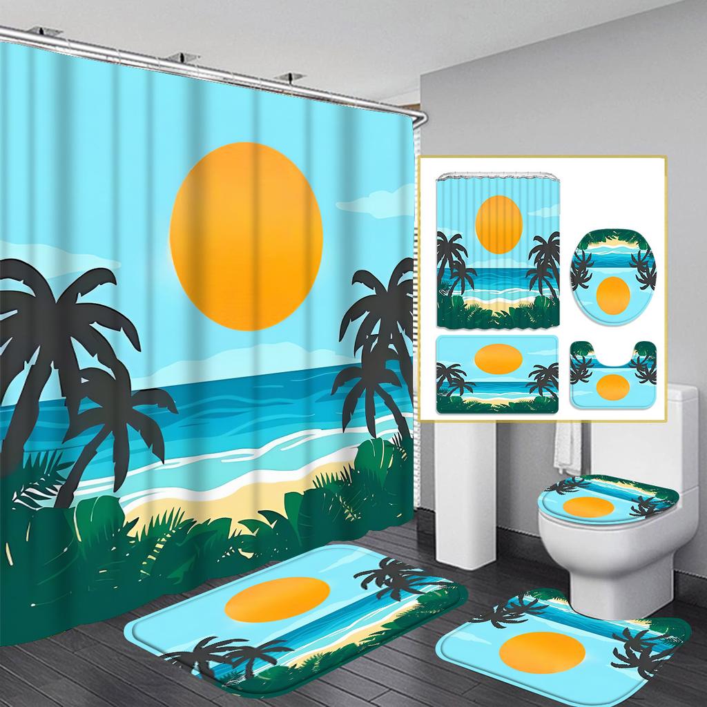 4pcs Shower Curtain Set with 12 Hooks -Shower Curtain, Bath Mat, Toilet Seat Cover And U-Shaped Rug - Machine Washable Bathr