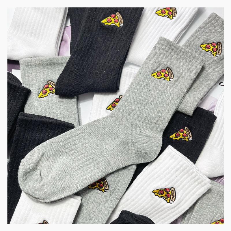 Japanese Version Of Trendy Brand Cartoon Pizza Burger Embroidered Socks Retro Outer Wear Sports Mid-Tube Cotton Socks