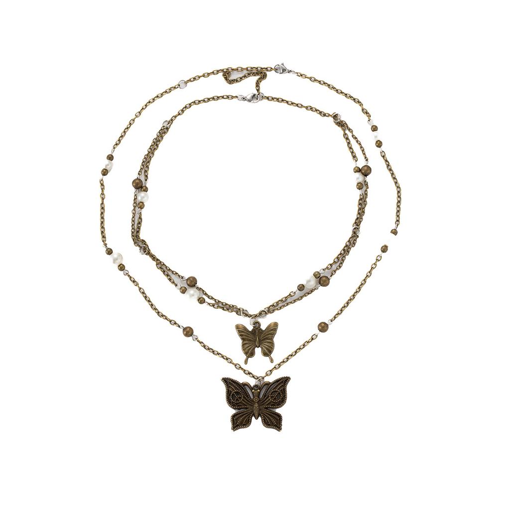 Heavy Industry Retro Maillard Style Neck Chain Sweet And Cool Multi-Layer Stacked Butterfly Tassel Necklace Women'S High-End Niche Necklace