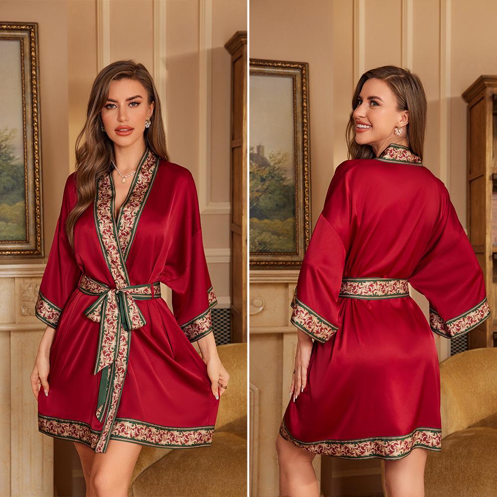Yaoting Elegant Retro Chinese-Style Satin Nightgown for Women, Luxurious & Noble Home Bathrobe - Summer 3370.