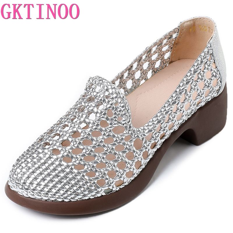 2025 Summer Hollow Woven Breathable Shoes Women Sandals Big Size Thick Heels Genuine Leather Shoes Summer Casual Sandals
