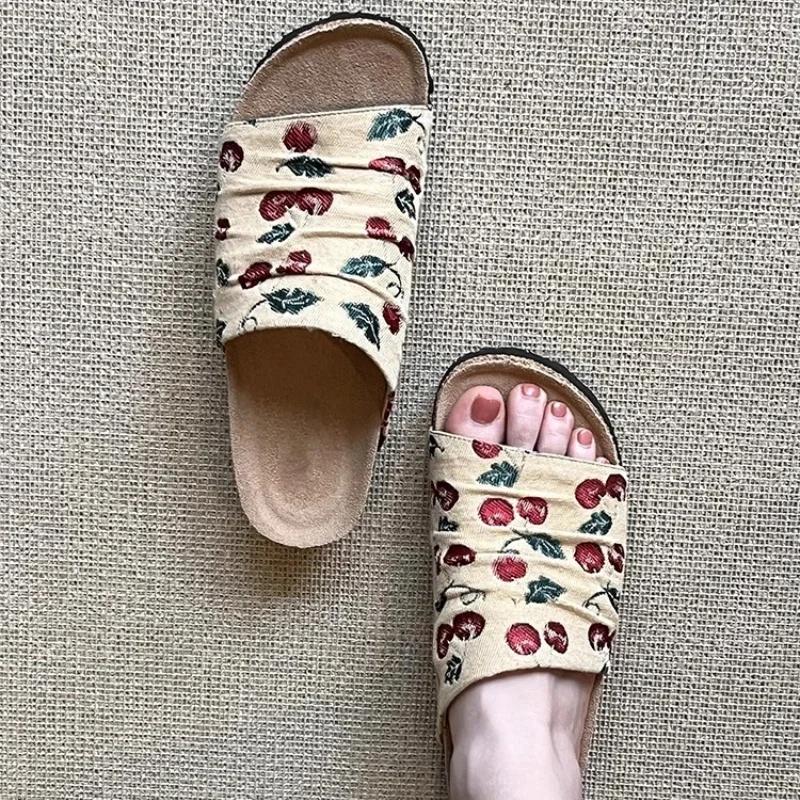 

Летние милые женские вышитые тапочки Новые мюли Женские повседневные туфли с открытым носком Слипоны Универсальные женские плоские тапочки Мода 35 абрикосовый