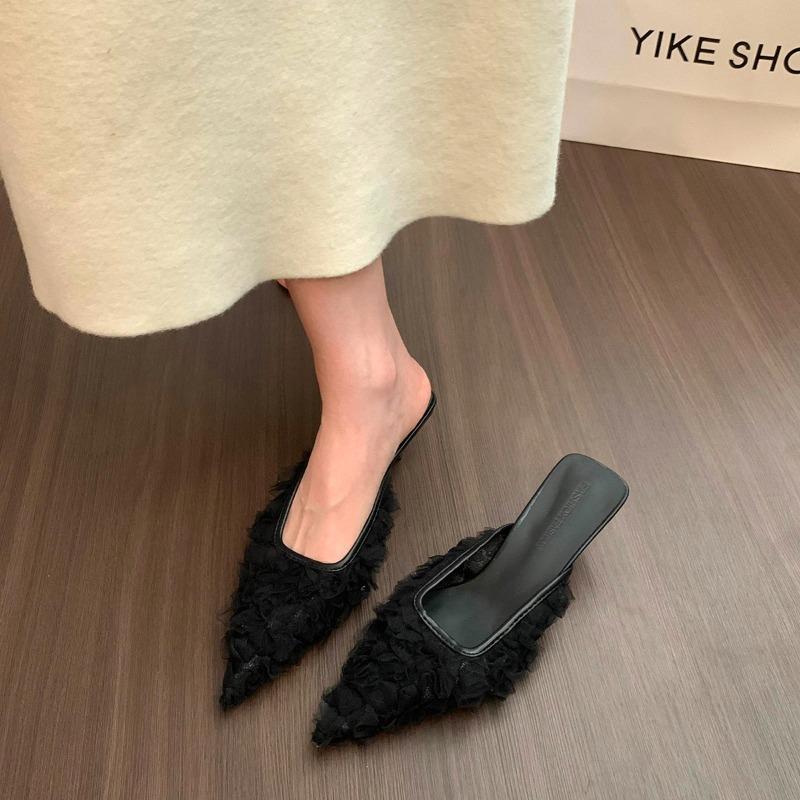 Fashion Summer New Fashion Versatile High Heel Slippers Pointed Toe Netting Decorated Dresses Sandals Women Casual Elegant Ladies Shoes