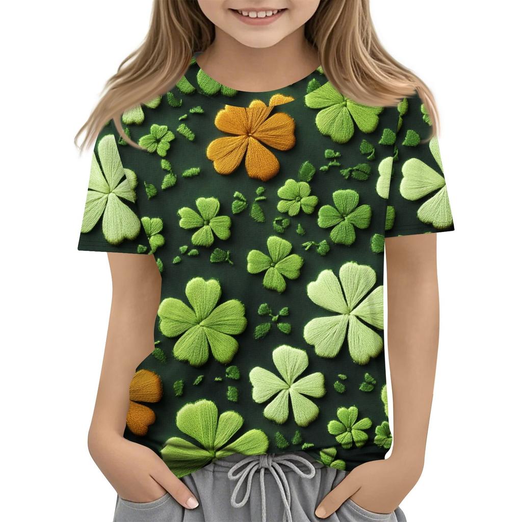 Cut Cartoon Mardi Gras Print T-Shirt Children's T Shirts Kids Girls Clothes Saint Patrick's Day Elsa Series Casual Tops Tees