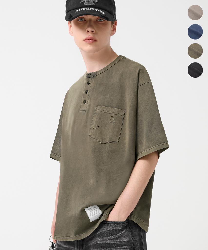 TRILLION Vintage Work Patch Pigment Henley Neck Short Sleeve_4Color